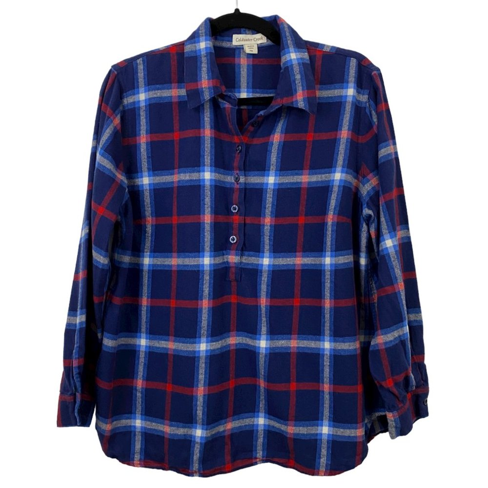 COLDWATER CREEK Petite Blue Red Button Down Cotton Flannel